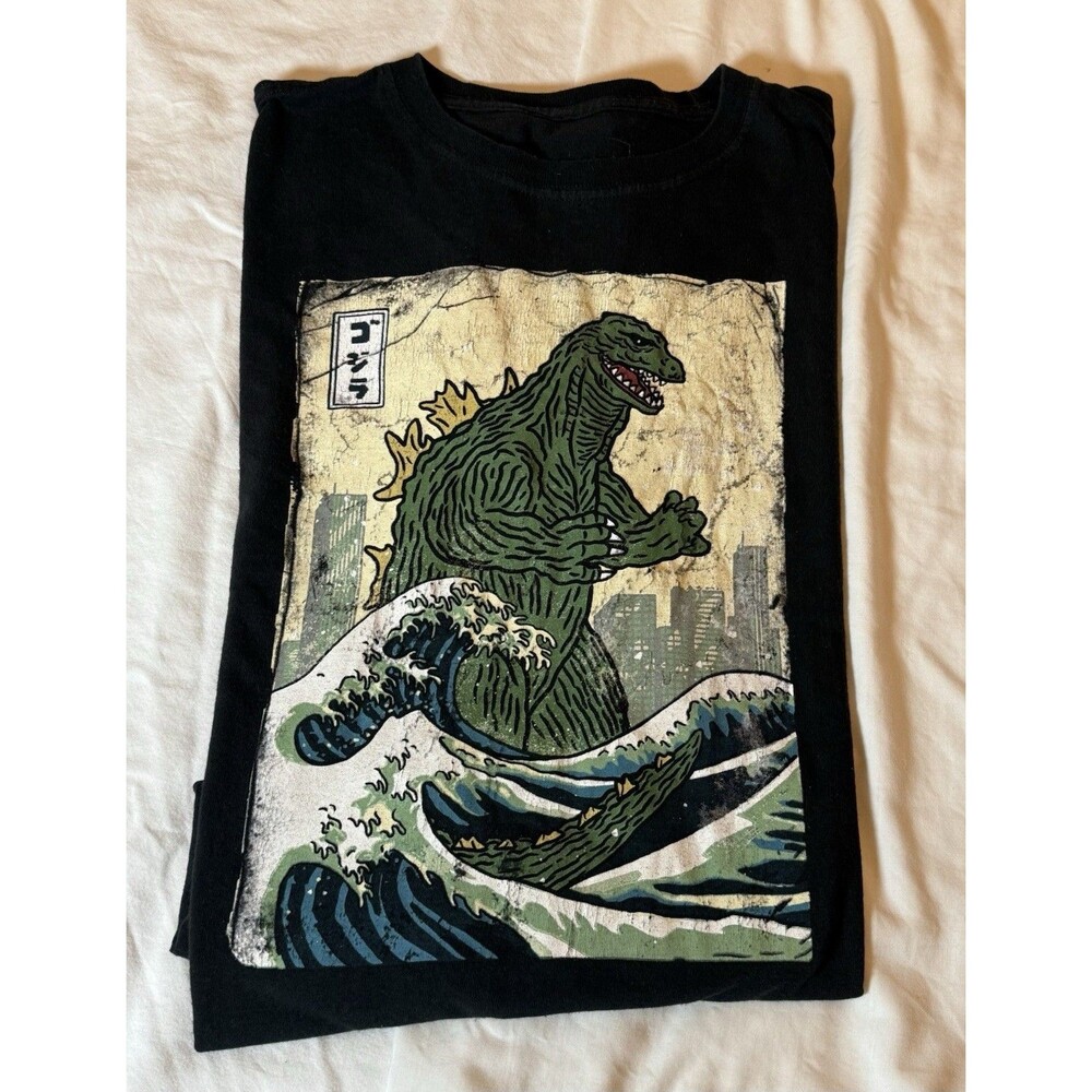 Godzilla Graphic T-shirt Men Large Black Acid Wash Short Sleeve